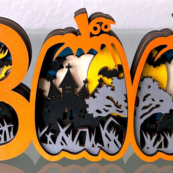 Halloween BOO Pumpkins Haunted House Witch Bats Wood Wooden 3D Diorama Sculpture - Picture 4 of 11